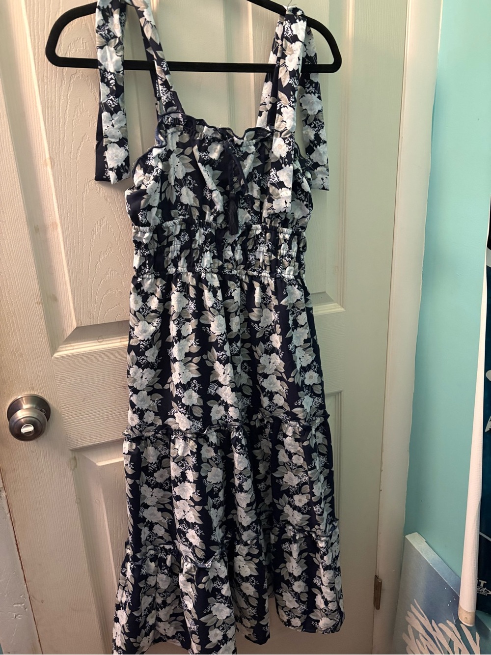 Navy Floral Tie-Shoulder Midi Dress